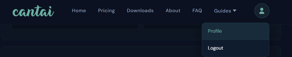 cantai.app navigation showing the Profile menu with the license key