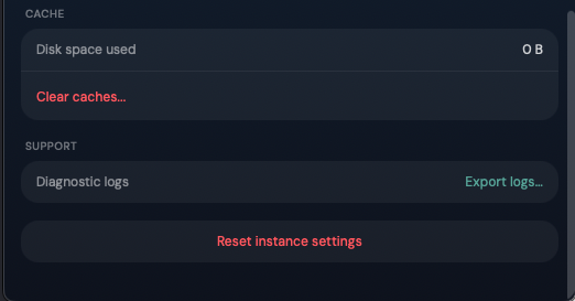 Cantai settings — Support section with the Export logs button