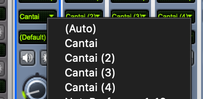Sibelius Mixer — selecting a Cantai instance from the device dropdown on a staff strip