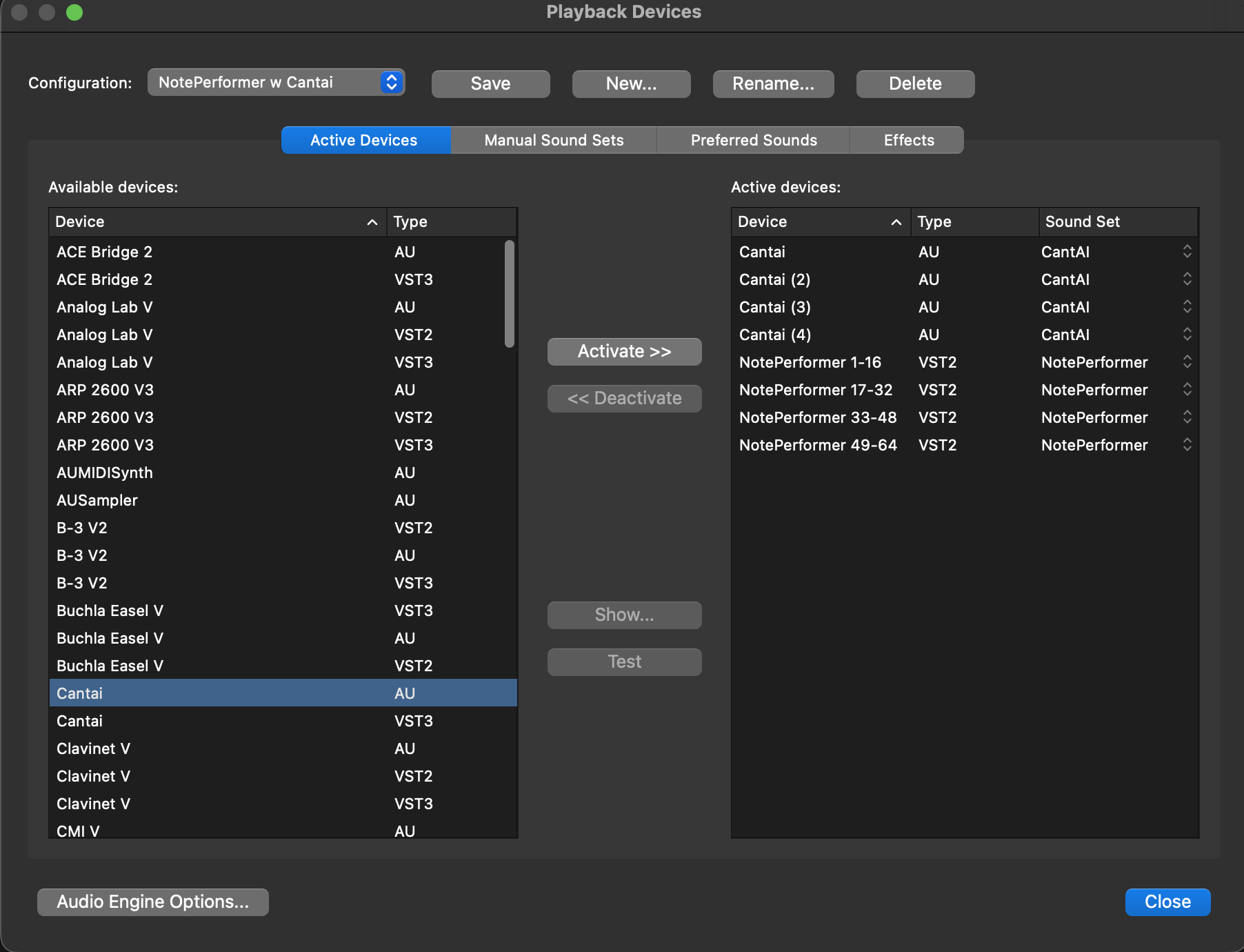 Sibelius Playback Devices dialog — Cantai selected in Available devices, multiple Cantai instances in Active devices