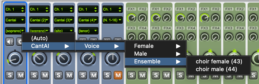Sibelius Mixer — cascading voice menu: CantAI → Voice → Female/Male/Ensemble → individual voices
